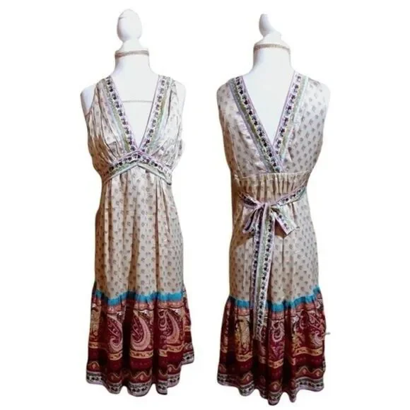 MIXIT Women's Empire Floral Paisley Multi Color Tiered Sleeveles Boho Dress Sz 8 - Picture 2 of 8